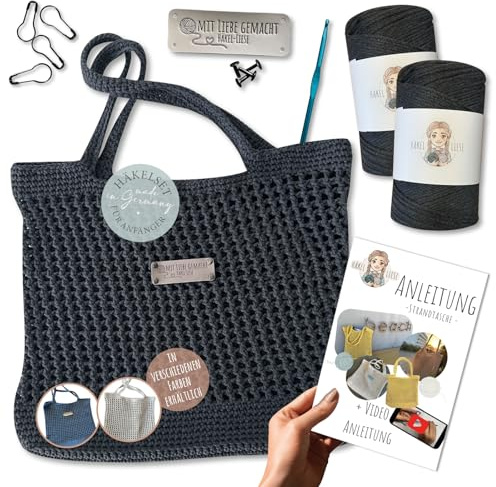 HÄKEL LIESE Häkelset Für Anfänger - Strandtasche Damen, Häkel Set für Anfänger Erwachsene, Häkelnadel, Tasche häkeln, DIY Set Erwachsene, Häkelset Tasche, Baumwolltasche (GRAU)