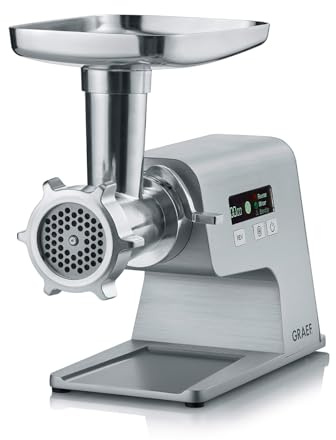 GRAEF FW500 Elektrischer Fleischwolf, Vollmetallgehäuse, 2500 W, Silber | Multiwolf für Hackfleisch, Wurst, Kebbe, Spritzgebäck, 3 Lochscheiben, Wurstfülltrichter, Rückwärtslauf, Digitale Anzeige