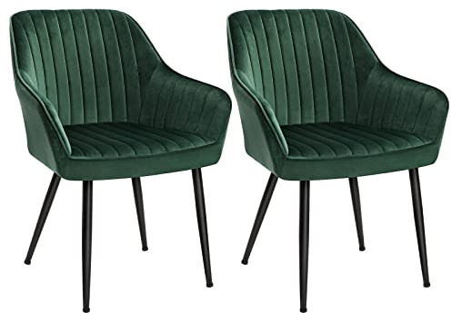 SONGMICS Esszimmerstuhl, 2er Set, Samt, Polsterstuhl mit Armlehnen | Küchenstuhl, Sessel, Loungesessel, bis 120 kg belastbar, Metallbeine, für Esszimmer, Küche, grün-tintenschwarz