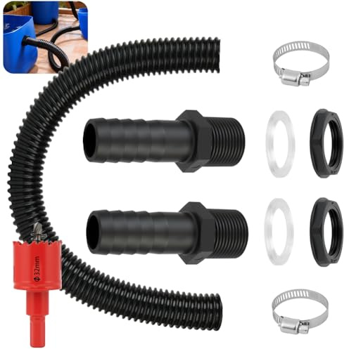 AOOWU Regentonnen Verbinder Set, 11 Regentonnen Verbindungsset, 32mm Regentonnendurchführung mit 500 mm Verbindungsschlauch & Lochöffner überlauf Regentonne für Zisternen Regentonne Wassertanks