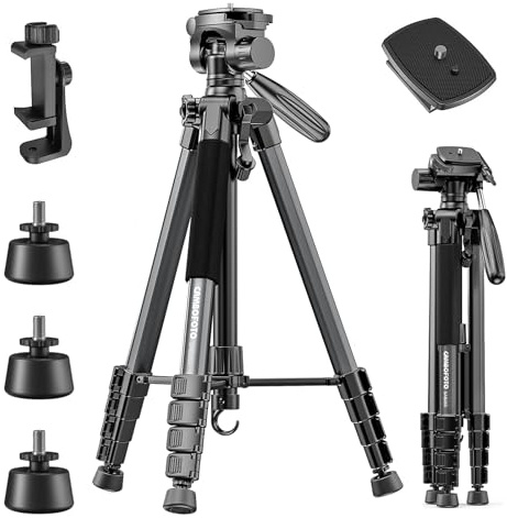 CAMBOFOTO 74/188cm Aluminium Kamerastativ, Tragbar mit 360° Kugelkopf mit Handyhalter, 1/4 Universal-Schraubbefestigung Leichtes Stativ,Kompatibel mit DSLR Kamera/Smartphone,4kg Belastbar, Schwarz