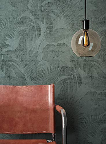Newroom Vliestapete Grün Dschungel Palmenblätter Floral Tapete | Changierend schimmernd, feine Leinenstruktur, Ton-in-Ton Blattverlauf, Mustertapete Boho Tropical, Wohnzimmer Schlafzimmer