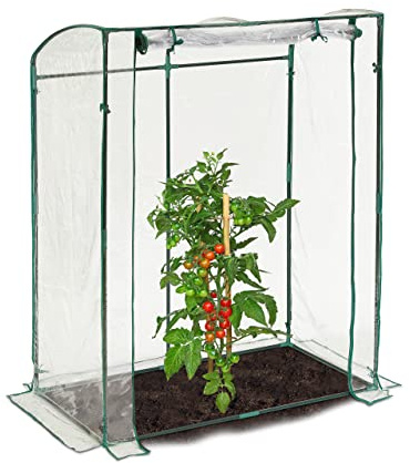 Relaxdays Tomatengewächshaus, PVC-Folie, HBT: 170 x 130 x 75 cm, begehbares Foliengewächshaus mit Tür, transparent/grün