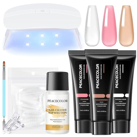 PEACECOLOR Poly Nail Gel Nägel Set, 3 Farben Rosa, Blanco, Nude Nagelset Gelnägel Starterset Gel Nägel Selber Set mit UV Lampe, Poly Nagelverlängerung Poly Extension Gel Set Geschenk für Frauen