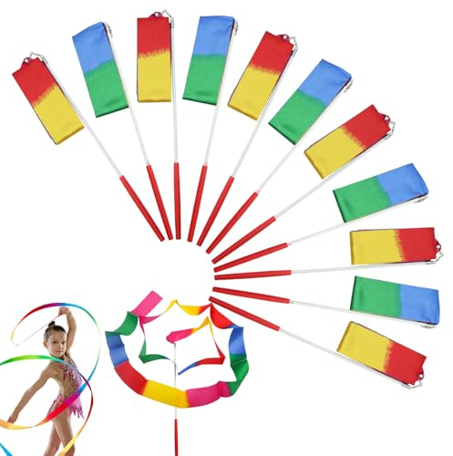 POPAPIE 12 Stück Mehrfarbig Gymnastikband,Gym Dance Ribbon,Kinder Tanzen Streamer,Rhythmic Gymnastics Bänder,2 Meter Tanzband mit Stab für Kunst Tanz Ballett Twirling Kindergeburtstag Mitgebsel