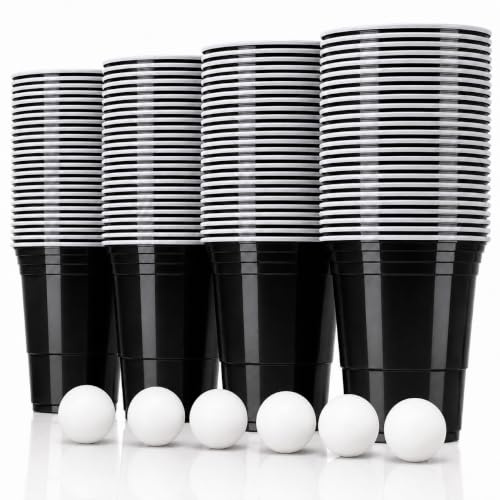 Vitavalley Beer Pong Becher Set Schwarz 50 Stück 473 ml mit 6 Bällen | Partybecher Kunststoff, Trinkbecher für Bierpong, Trinkspiele, Partys, Festival, Geburtstag & WG-Abend