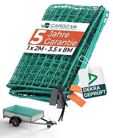 CargoVA® Intelligentes Anhängernetz 3x5M [DEKRA Geprüft] - Hängernetz mit Gummiseil, Tasche & Eckenmarkierung - zur perfekten Ladungssicherung