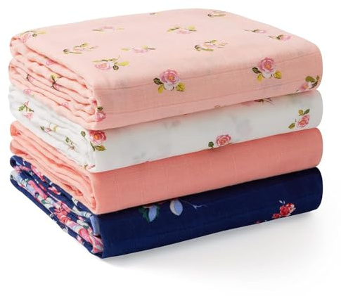 Momcozy Baby Pucktuch, Mulltuch 120 x 120cm 4er Set, Mullwindeln aus Baumwolle und Bambus, Bio-Baumwolle Pucktuch Wickeltuch Baby Swaddle Decke, Flower