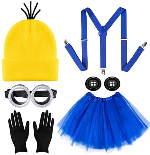iZoeL Karneval Gelbes Kostüm Damen, Gelb Mütze Tutu Rock Brille Handschuhe Knöpfe Hosenträger Cosplay Kostüm Accessorie, Damen Mädchen Faschingskostüme Halloween Cospaly Mottoparty