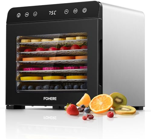 FOHERE Dörrautomat Edelstahl, 650W BPA-frei, Dörrgerät mit 8 Edelstahl-Etagen & 48h Timer 35-75℃, Leiser Lebensmittel-Dehydrator für Gemüse, Fleisch, Kräuter – Ideal für gesunde Snacks & Camping