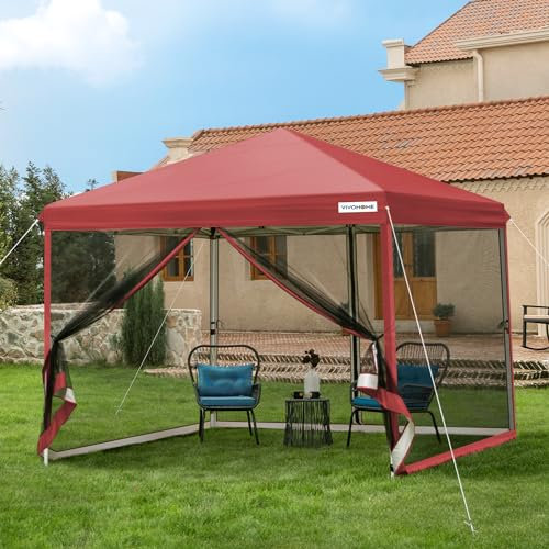VIVOHOME 2,4 x 2,4m Pavillon höhenverstellbarer Faltpavillon mit Netz klappbares Partyzelt UV-Schutz 50+ Wasserdichtes Gartenzelt mit Tragetasche für Camping
