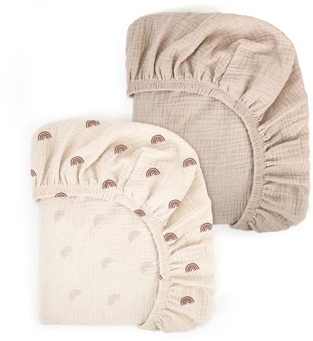Peepeemax Musselin-Baumwolle Spannbettlaken 80x40cm, Kinderwagen Spannbettlaken Stubenwagen Matratzenbezug für Moseskorb, Babybett und Beistellbett für Jungen und Mädchen, 2er Pack, Regenbogen