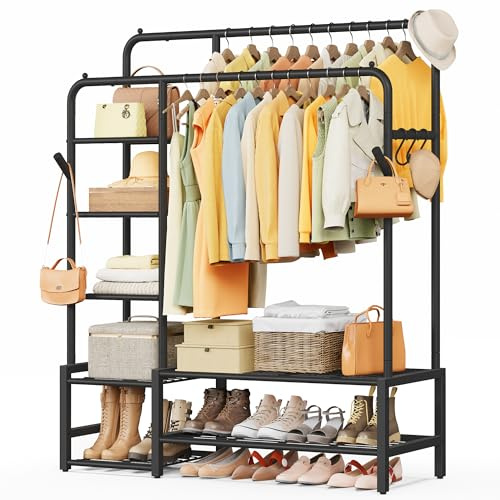 SONGMICS Kleiderständer, offener Kleiderschrank, Garderobenständer mit 7 Ablagen, Metallrahmen, Kleiderstange, für Schlafzimmer, Wohnzimmer, Eingangsbereich, schwarz HSR182B01