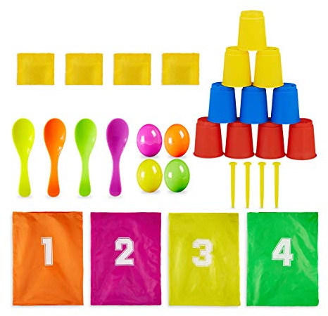 Relaxdays Kinderparty Spiele, 3 in 1 Set, Garten Spiele für Kindergeburtstag, Sackhüpfen, Eierlaufen, Dosenwerfen, bunt