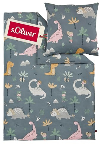 s.Oliver Kinderbettwäsche Dino 135x200 cm - 100% Baumwolle, praktischer Reißverschluss & maschinenwaschbar, Bettwäsche für Kinder 2tlg. Dinosaurier grau