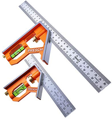 Presch Kombinationswinkel Set 150mm & 300mm - metrisch - Zwei Präzise Universal Kombiwinkel mit Linealanschlag - Anschlagwinkel Set - Edelstahl, Combination Square - Hochwertiges Profi Messwerkzeug
