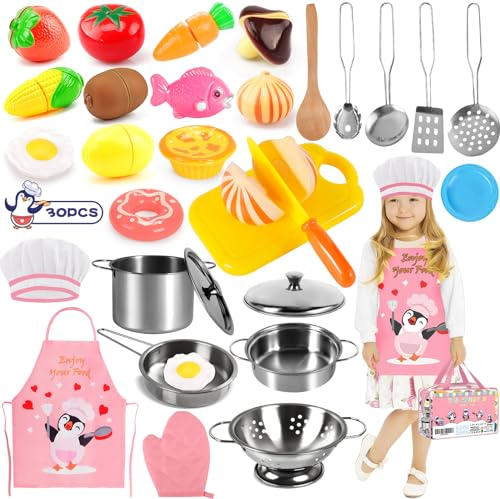 Frasheng Küchenspielzeug Zubehör, 30 Stück Spielküche Zubehör, Kinderküche Zubehör, Edelstahl Kochset Kinderspielzeug, Puppenküche Zubehör, Lebensmittel Spielzeug, Rollenspiele Mädchen und Jungen
