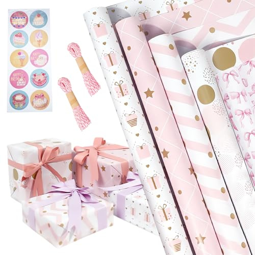MFUSUL Geschenkpapier Set 5 Rollen, 43cm x 3m Geschenkpapier Rosa, Geschenkpapierrolle mit 2 Rosa Papierseil und Doppelseitiges Klebeband für Kindergeburtstag, Hochzeit, Abschlusse, Valentinstag