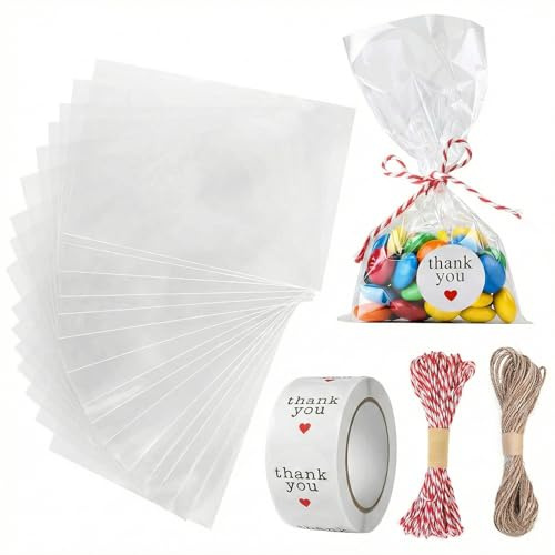 200pcs 10 * 15 cm Cellophantüten Klar Süßigkeiten Tütchen Transparent | Carehabi Zellophantüten Klarsichttüten Zum Befüllen Durchsichtige Tüten mit 200 Metallbändern für Bonbons, Kekse, Brot
