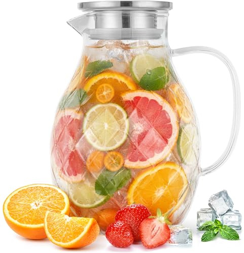 Premium Borosilikat Glaskaraffe + Deckel + Ausguss - 2 Liter - Borosilikatglas Wasserkrug mit Griff - Karaffe für Heiß- / Kaltgetränke - Eistee Glaskanne