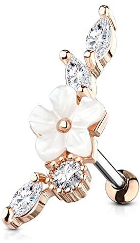 Stachelkleid Blume Perlmut Zirkonia Helix Ohrring Piercing Ohr Barbell Chirurgenstahl 316L (Roségold)