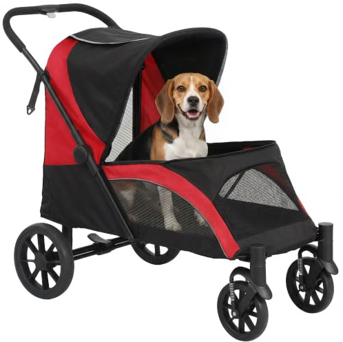 PawHut Hundewagen Klappbar für Mittelgroße Hunde & Katzen 25 kg Schwarz | Hundebuggy, Katzenbuggy, Kissen, Netzfenstern, Türen, Aufbewahrungstasche, Katzenwagen, Buggy