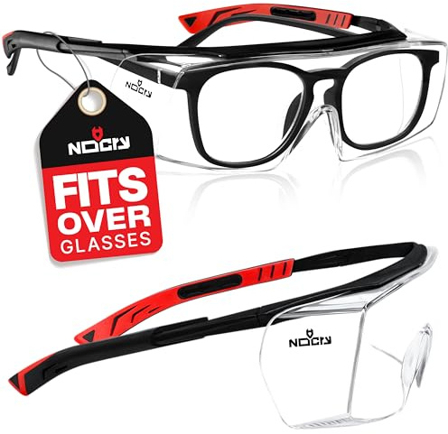NoCry Sicherheits-Überbrille mit Kratzbeständigen Gläsern, Seitenschutz, Verstellbaren Bügeln, 400 UV-Schutz, schwarz roter Rahmen und EN166, EN170, EN172, EN175 Zertifiziert