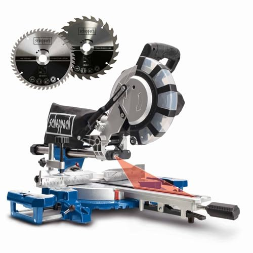 Scheppach Kappsäge HM216SPX | 65mm Schnitthöhe | 340mm Schnittbreite | 2000W | 2x Sägeblatt Ø210mm | Laser | schwenkbarer Sägekopf | Gehrungssäge | Werkstückauflage & Spanner | Kapp-Zug-Gehrungssäge