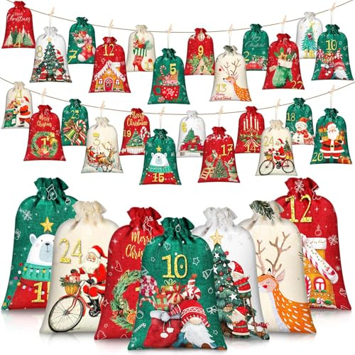 24 Stück Adventskalender zum Befüllen, Befüllbarer Groß Säckchen, 2025 DIY Selbst Befüllbarer Beutel Geschenksäckchen, Adventssäckchen, Weihnachtskalender Stoffsäckchen für Kinder Erwachsene