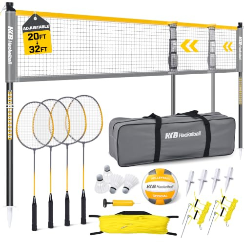 Haokelball Outdoor Volleyball und Badminton Combo Set mit Netz Breite und Höhenverstellbar Volleyball Badminton Netz für Hinterhof, 4 Schläger, 4 Federbälle, Begrenzung, Volleyball, Pumpe und
