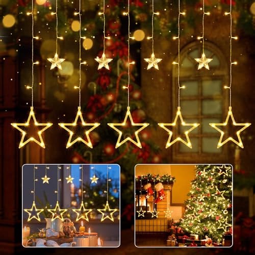 iShabao Lichterkette Sterne Strom 138 LED Weihnachtsbeleuchtung Fenster, 2.4x1m Lichtervorhang Fenster Weihnachten mit 12er Sterne, Lichterkette Innen mit Timer für Weihnachtsdeko (Warmweiß)