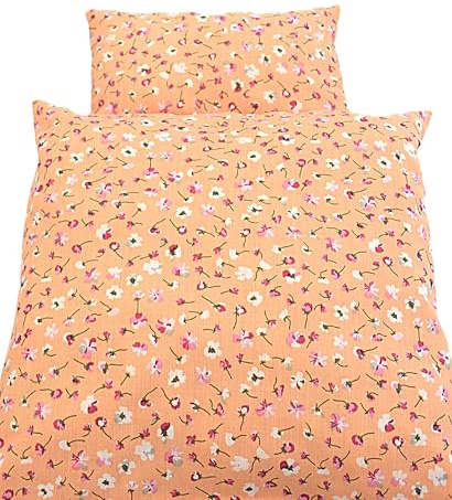 Puppenbettwäsche im Streublümchen-Design, gelber Fond Bedruckt mit bunten Blümchen, Set 2teilig. Decke und Kopfkissen. Passend für Puppenbett oder Puppenwagen bis 40 cm (Größe M)
