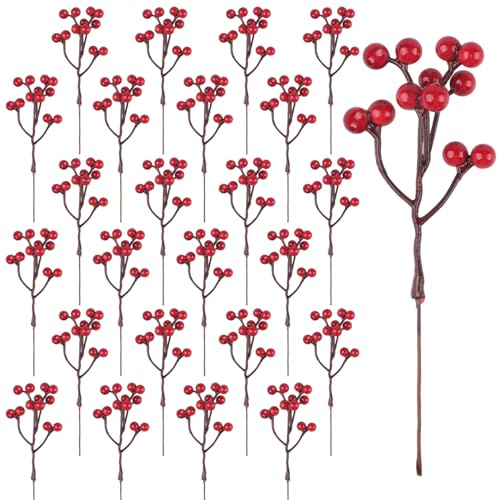 YiYa 36 Stück Künstliche Rote Beeren Aus Stechpalmen Rote Beeren Deko für Christbaumschmuck Blumen Kranz DIY Handwerk Winter Dekoration