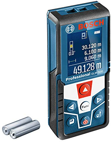 Bosch Laser Entfernungsmesser GLM 500 (Arbeitsbereich: 0,05–50 m, Neigungswinkel: 0–360°, Messgenauigkeit: +/- 1,5 mm, 2 Batterien, AAA, in Kartonschachtel)
