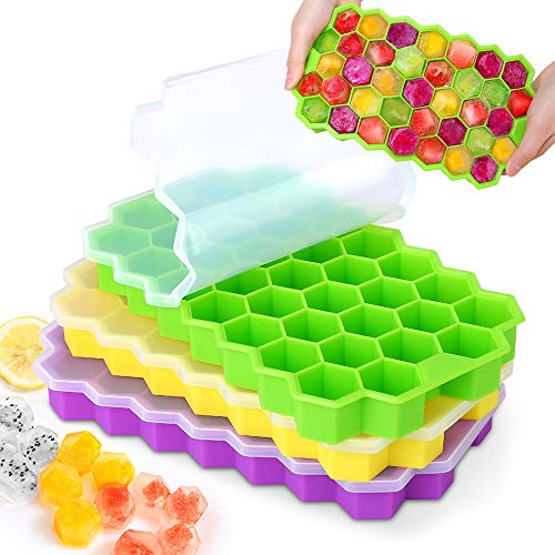 MOSOTECH Eiswürfelform Silikon, 3er Pack 37-Fach Eiswuerfel Form Mit Deckel, Stapelbar Eiswürfelbehälter Ice Cube Tray für Bier Cocktails Whisky