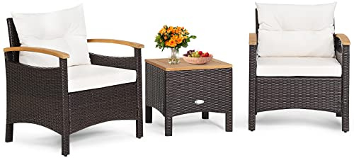 GIANTEX Rattan Balkonmöbel Set 2 Personen, 3 TLG. Rattan Gartensitzgruppe Lounge Set mit Kissen cremeweiß, Gartenmöbel Set 2 Sessel mit Tisch, Gartengarnitur Sitzgruppe Gartenlounge Set