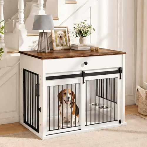 DAWNYIELD Hundekäfig Möbel, Möbel Stil Haustier Kiste mit Schiebetüren, Hölzerne Indoor-Hundezwinger Beistelltisch mit Schublade, Abschließbare Hundehütte mit 360 ° Drehbaren Hundenapf, Weiß