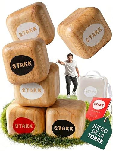 STAKK Turm-Wurfspiel Outdoor aus Holz - Gartenspiel für Erwachsene & Kinder | Boccia-Alternative mit Twist: der Turm wächst, bis er stürzt. Splitterfreies Holz, Tragetasche, 2-8 Spieler, ab 6 Jahren