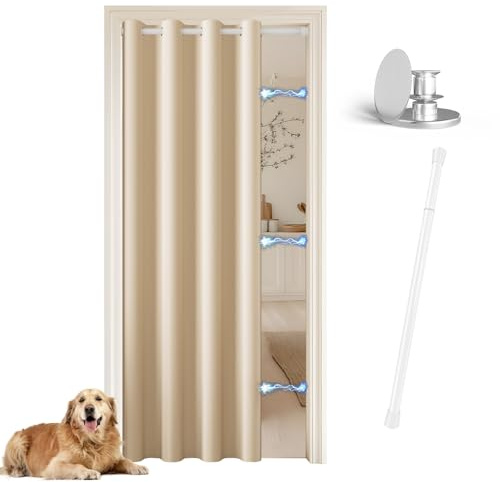 JCyh Türvorhang mit Vorhangstange und Magnetknopf,1 Stück Gardinen verdunkelnd Beige H 195 x B 132 cm, Vorhang Tür für Schrank/Raumteiler/Umkleidekabine, Stange Weiß 70-128 cm