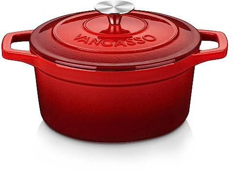 vancasso Gusseisen Topf Brot Backen für 2-4 Personen, Bräter Ø 22cm Emaille Schmortopf, Brotbackform mit Deckel, Kasserolle, Brotbacktopf,Braten/Eintopfen/Kochen, Rund, Rot, 3L