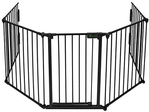 VOUNOT Kaminschutzgitter Metall, 5 Elemente inkl. Sicherheitstür, Ofenschutzgitter Faltbar, Tierschutzgitter Türschutzgitter für Kinder-Sicherung, Schwarz 300x75 cm