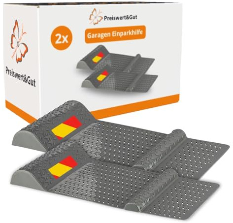 Preiswert&Gut 2X Einparkhilfe Garage Radstopper für sicheres Einparken 52 x 25 cm, Kunststoff Bremsschwelle mit Klebestreifen und zusätzlich Bohren, seitliche Einfahrhilfe, 2,5 bis 5,5 cm Höhe