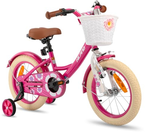 HILAND 12/14/16 Zoll Mädchenfahrrad, Kinderfahrrad mit Korb und Stützrädern, Fahrrad für Mädchen, Rosa/Lila/Weiß