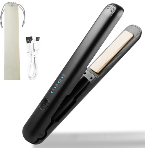 Mini 2-in-1 kabelloses Glätteisen und Lockenstab für Kurze, lockiges und langes Haar - tragbarer Reisehaarglätter (Schwarz)