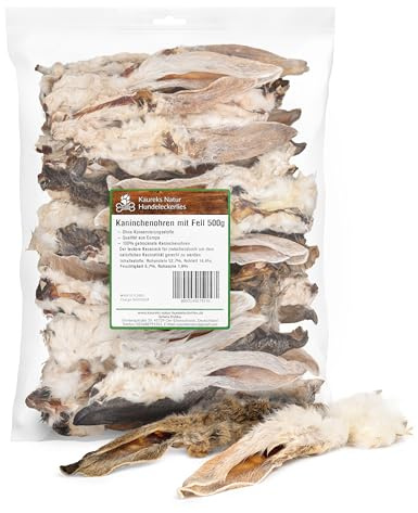 Kaureks Natur Hundeleckerlies, 500g Kaninchenohren mit Fell, Hasenohren, fettarm, Kauartikel, Kausnack