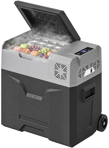 HOMCOM 50 Liter Kompressor Kühlbox Tragbarer Mini Kühlschrank bis -20℃ elektrische Gefrierbox mit ECO Modus Anschluss Kühlfunktion Teleskopstange Rad, 12/24 110-240V Volt für Auto, Wohnmobil Camping