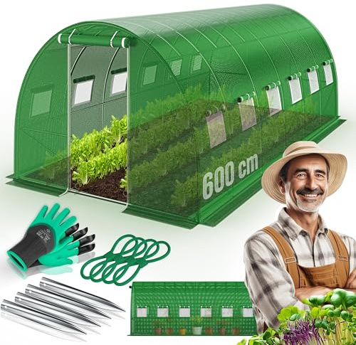 KESSER® Folien-Gewächshaus Stabil mit 12 Fenster mit Moskitonetz & Tür | Gartentunnel mit Rahmen aus verzinktem Stahl | Folientunnel 170g/m² inkl. Erdanker Handschuhen & Seilen | 600x300cm Grün