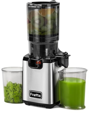 Fretta Entsafter Slow Juicer, Edelstahl Entsafter Gemüse und Obst Testsieger, 135MM Öffnung & 1,8L Juicer Machine mit Umkehrfunktion, Einfache Installation, Leicht zu Reinigen, 100% BPA Frei, 250W