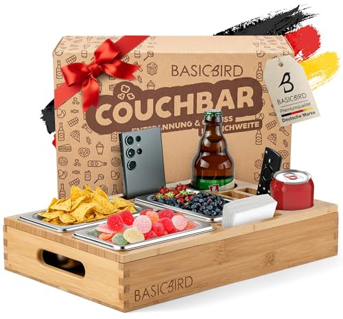 BASICBIRD® Couchbar Snackbox mit 3X Snackschale - Organizer Tablett | Snackspender - Holz Sofatablett für Sofa, Deko, Couch Bar mit Getränkehalter - Snackbox mit Fächern – Wohnmobilausstattung
