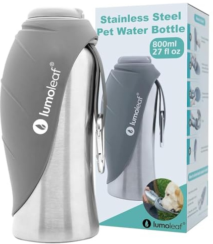 LumoLeaf Hundetrinkflasche für unterwegs, 800ml Edelstahl Trinkflasche Hund, Tragbare Haustier Wasserflasche, Hunde Wasserspender Reise Zubehör für Wandern und Campen (Grau)